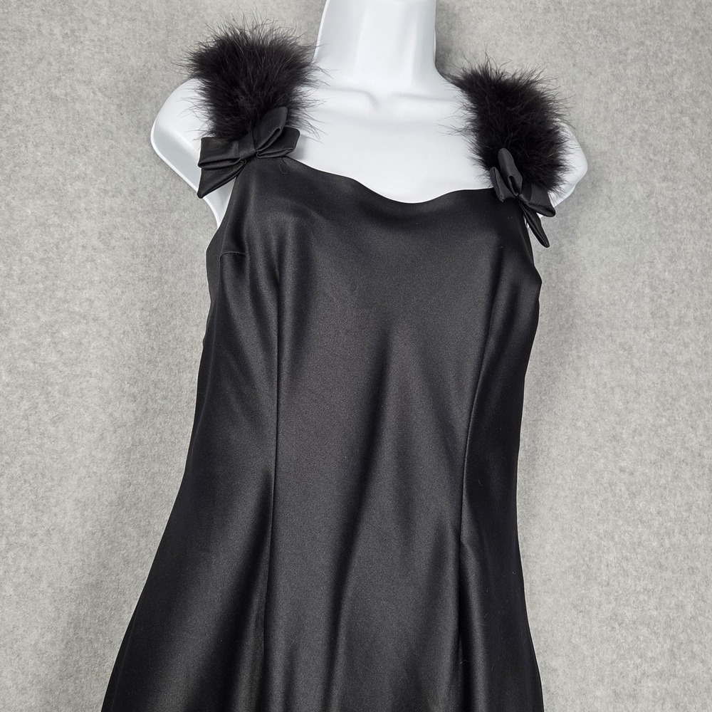 Vintage‎ Niki Livas Women 12 Maxi Satin Gown Dress 90s Feather Bow Black Elegant